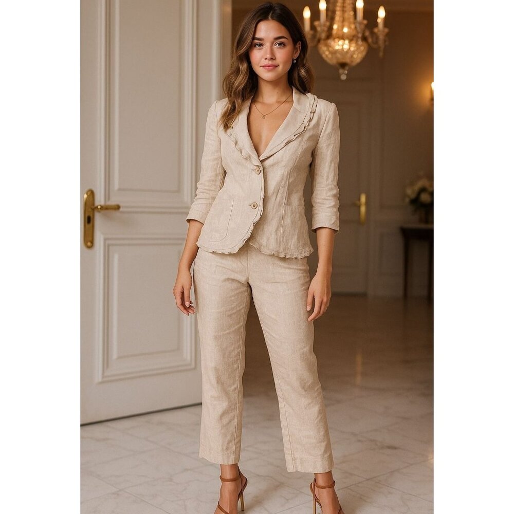 Kim Rogers Petite M/L Suit Set Linen Top Pants Blazer Outfit Lightweight Deadsto
